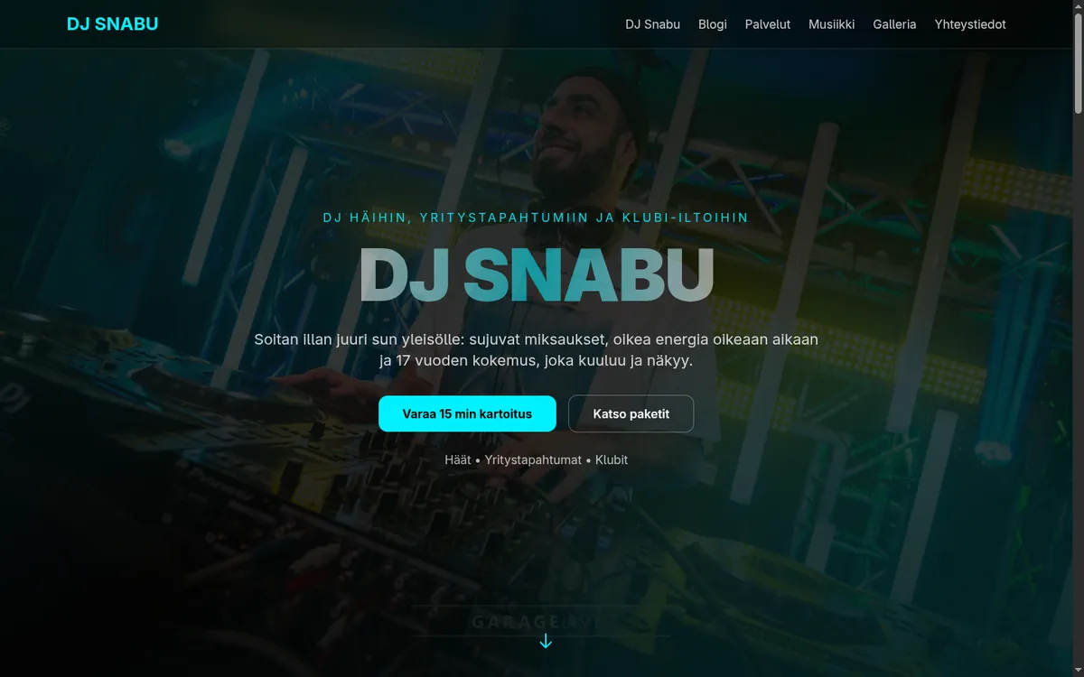 DJ Snabun verkkosivuston hero