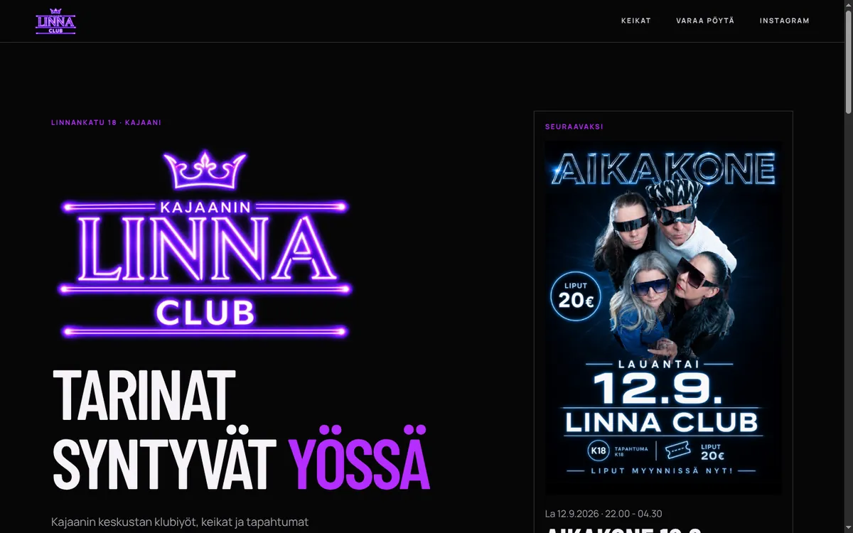 Linna Clubin verkkosivuston hero
