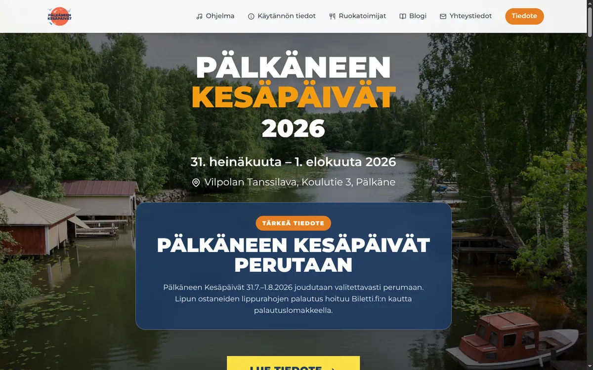 Pälkäneen Kesäpäivien verkkosivuston hero