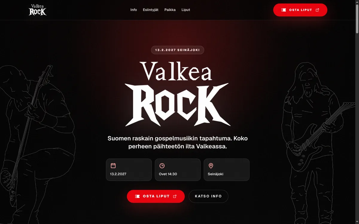 ValkeaRockin verkkosivuston hero